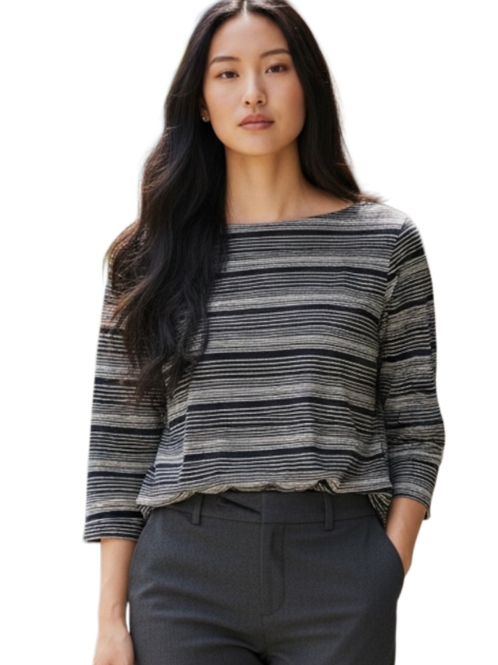 Talbots Striped Boatneck Long Sleeve Top in Black and Gray